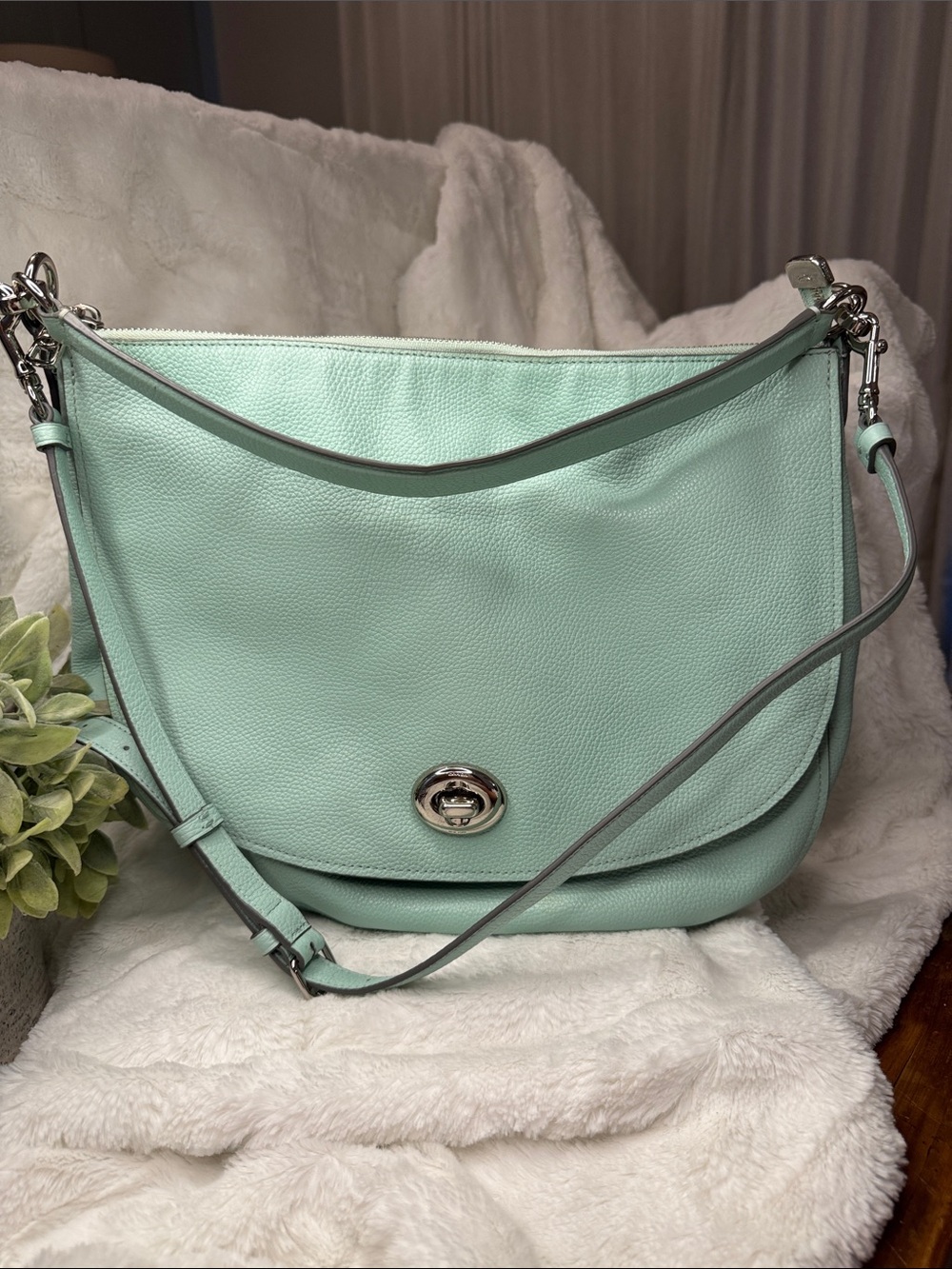 Coach Mint Green Pebbled Leather Shoulder Bag with Turnlock
